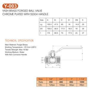 Yash Brass Forged Ball Valve Chrome Plated With SS304 Handle